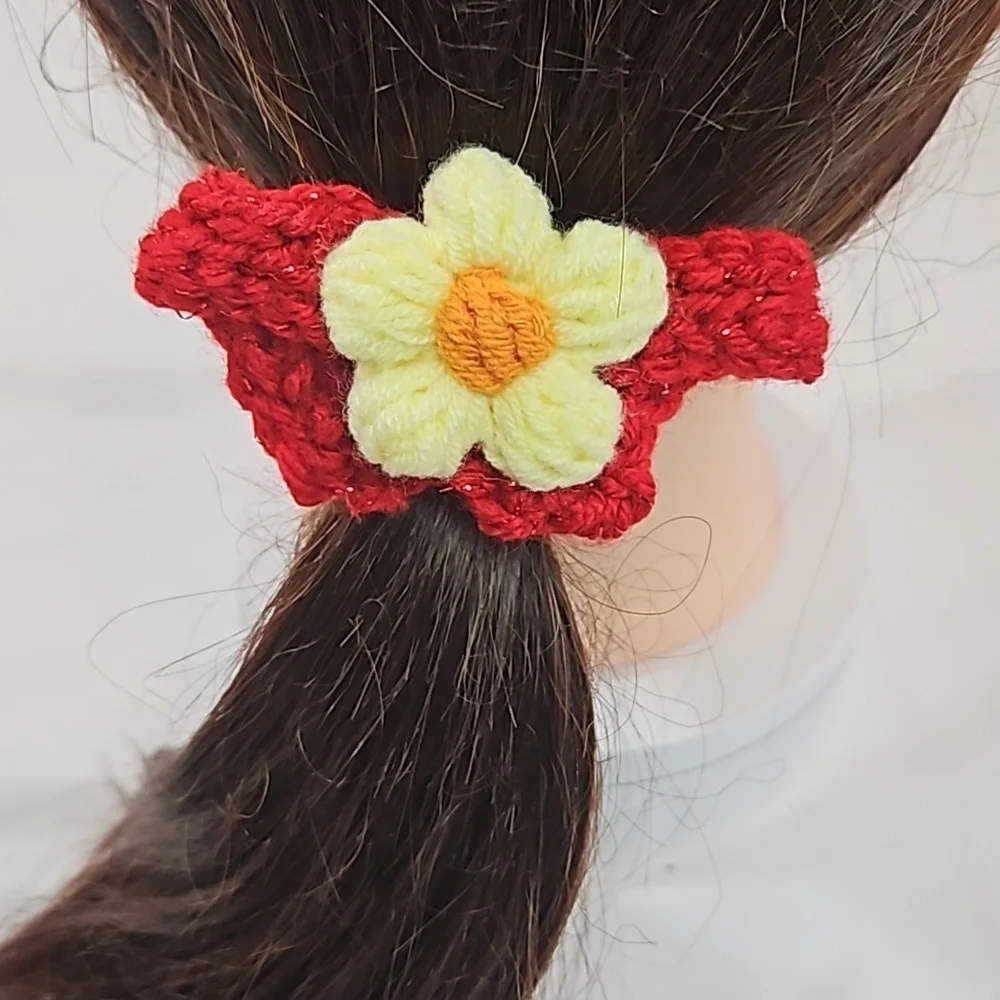 Hand Crafted Hand Knit Crochet Bow Hair Clip Red & Yellow puffy crocheted flower